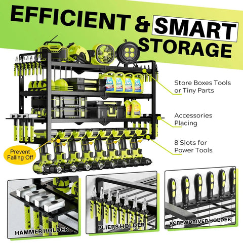 Heavy Duty Power Tool Organizer Wall Mount With Cordless Tool Holder And Screwdriver Rack, 4-Tier Metal Storage Shelf, 8 Drill Holders