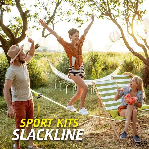 Family enjoying Slackline Kit With Training Line Tree Protectors Ratchet Protectors Arm Trainer in backyard, woman balancing.