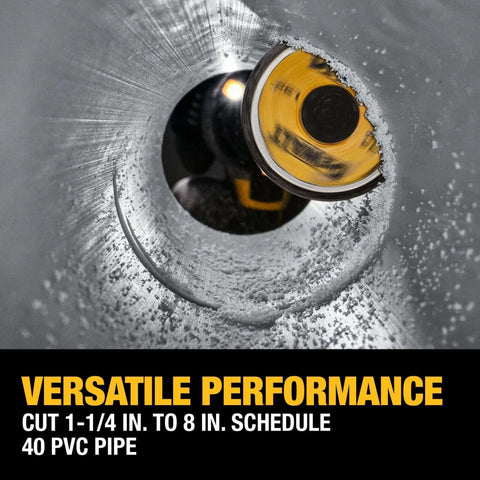 DEWALT Impact Connect PVC pipe cutter, close-up view of yellow diamond-grit wheel inside PVC pipe