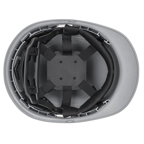 Interior view of Cap Style Vented White OSHA Hard Hat with 6 Point Suspension, Lightweight ABS Construction Helmet for Job Sites.