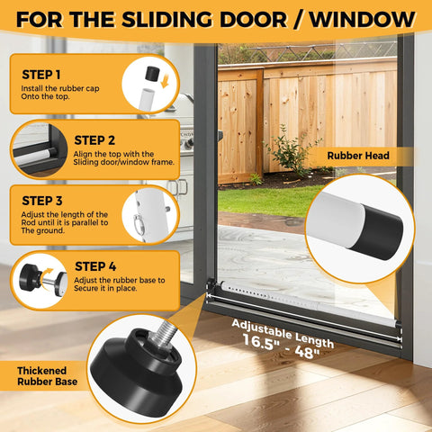 2 In 1 Sliding Door Security Bar, Adjustable From 16.5 To 48 Inches, Inside Window Safety Lock For Home Apartment And Hotel Rooms, Portable Door Jammer, Suitable For Sliding Doors And Hinged Doors, White demonstrating installation steps