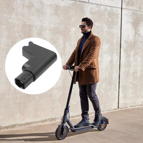 Man riding scooter beside Electric Scooter Dashboard Base Riser Kit With Upper Pressure Block Switches And Panel Mount for 30 Model Scooters