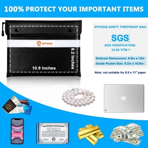 Ultimate 5200F Fireproof Document Bag With Heat Insulation And Zipper, Reflective Stripe For Quick Find, showcasing size and items protected