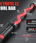 47 Inch EZ Curl Bar for Olympic Plates Beast Mode Ready, 500 Pound Capacity shown with specs on matte black and red barbell