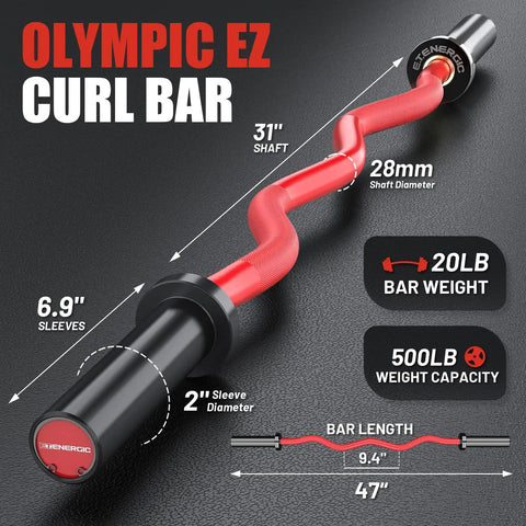 47 Inch EZ Curl Bar for Olympic Plates Beast Mode Ready, 500 Pound Capacity shown with specs on matte black and red barbell