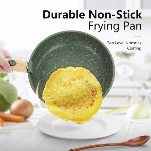 Detachable-Handle 10 Piece Camping Cookware Set Nonstick Induction Pots And Pans Green Granite Stackable RV Kitchen frying pan