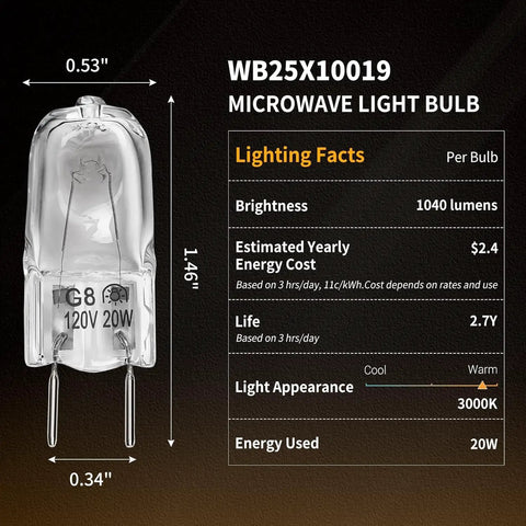 Two Pack 20W Halogen Appliance Light Bulbs That Replace GE Microwave Lights Fits WB36X10213 WB08X10050 WB36X10246 WB25X10019 Bi Pin 8mm Base
