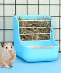 Top Shelf 4 Pack Hanging Hay Feeder For Domestic Rabbits Guinea Pigs And Chinchillas with dried hay and small pet.