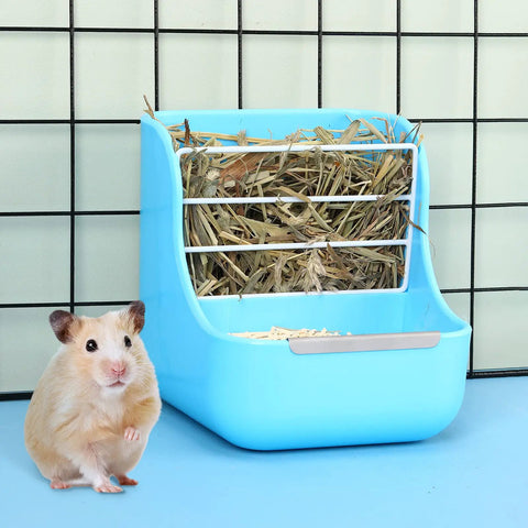 Top Shelf 4 Pack Hanging Hay Feeder For Domestic Rabbits Guinea Pigs And Chinchillas with dried hay and small pet.
