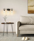 Three Light Black Vanity Light Over Mirror With Clear Glass Shades Sleek Modern Industrial Bathroom Wall Fixture in living room