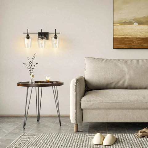 Three Light Black Vanity Light Over Mirror With Clear Glass Shades Sleek Modern Industrial Bathroom Wall Fixture in living room