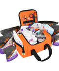 Front view of orange Lightning X EMS trauma bag opened to reveal stocked first-aid supplies.