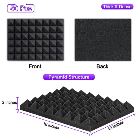 Top Shelf Pyramid Acoustic Foam Panels 50 Pack 16X12X2 Inches High Density Sound Absorbing Tiles with pyramid structure.