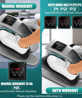 Under Desk Elliptical Machine For Home Office Use showing manual and auto workout modes, LCD display, and foot pedals with user