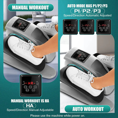 Under Desk Elliptical Machine For Home Office Use showing manual and auto workout modes, LCD display, and foot pedals with user