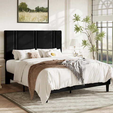 Queen Platform Bed Frame With Adjustable Velvet Headboard And Ultra Comfy Upholstery For Your Chilled Bedroom Sanctuary in modern bedroom setting.