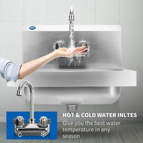 Stainless Steel Wall Mount Hand Sink 17x15 Inches With Strainer And Faucet, Commercial Grade NSF Certified, Rust Resistant 304 Steel