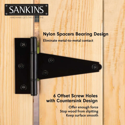Heavy Duty 4 Inch T Strap Shed Door Hinges Black Powder Coated Outdoor Gate Hinges For Wooden Fences Barn Doors Yard Gates Rustproof Iron 2 Pack Ideal For Fixing Sagging Or Dragging Gates installed on wood