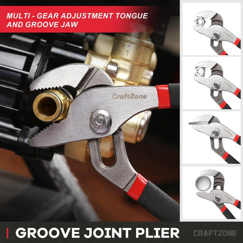Essential 10 Piece Pliers And Wrench Set With Storage Rack Includes Locking Long Nose Pliers Diagonal Cutters Groove Joint Pliers Linesman And Mini Pliers Carbon Steel Tool Kit For DIY And Home Use Handyman Gift For Him, focus on groove joint plier with adjustable tongue and groove jaw.