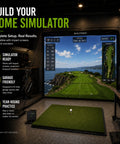 Golf simulator setup with screen and mat, featuring compact golf practice net for indoor or outdoor use, 10 feet wide by 7.5 feet high.