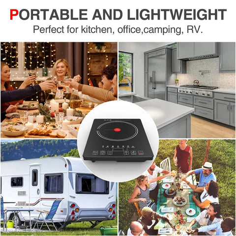 Portable 1800W Electric Cooktop With LED Touch Screen Single Burner Stove for home, RV, camping, and kitchen use.