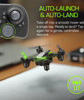 Dash Nano Performance RC Drone For Fast Indoor Flying With controller in background, auto-launch feature highlighted