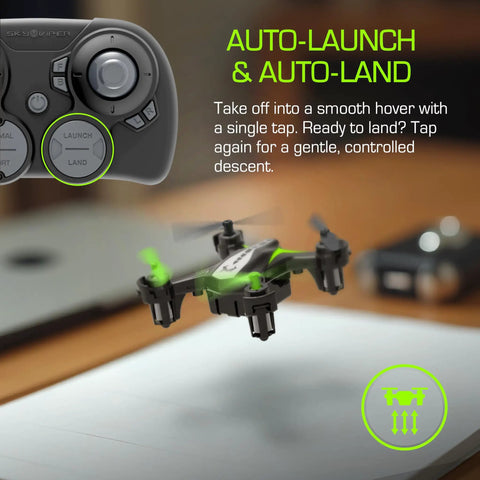 Dash Nano Performance RC Drone For Fast Indoor Flying With controller in background, auto-launch feature highlighted