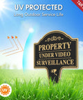 Heavy Duty Property Under Video Surveillance Sign For Outdoor Yard Warning 2 Pack 14 By 10 Inch Rust Free Aluminum Plate in green grass.