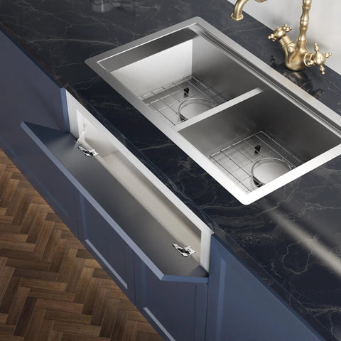Sink cabinet with open false front showing Two Pack Tilt Out Drawer Hinges Kit One Eighth Inch Overlay For False Fronts And Pull Out Trays