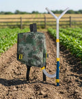 Handheld Spreader For Lawn And Garden, Portable Manual Fertilizer Spreader With Backpack in field, Stainless Steel Construction