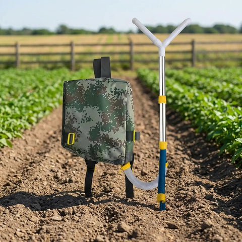 Handheld Spreader For Lawn And Garden, Portable Manual Fertilizer Spreader With Backpack in field, Stainless Steel Construction