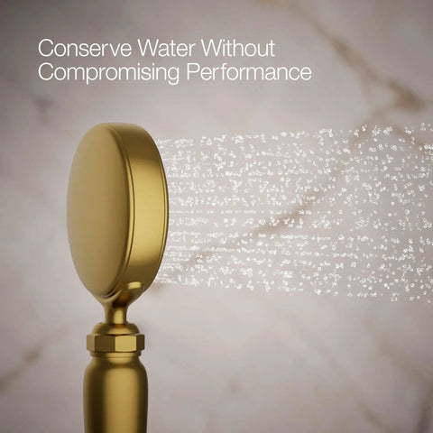 Artifacts Single-Function Handshower With 1.75 GPM Flow, Katalyst Air-Induction Technology Delivers A Powerful, Even Spray, Ergonomic Pivot Head For Targeted Hydromassage, Vibrant Brushed Moderne Brass Finish, Your Bath Upgrade showing water spray