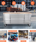 Beefy 72 Inch Rolling Tool Chest With Solid Wood Top And Stainless Steel Cabinet, 15 Drawers For Serious Storage, Locking Wheels And Built In Power Outlets, Mobile Workbench For Garage Shop And Workshop