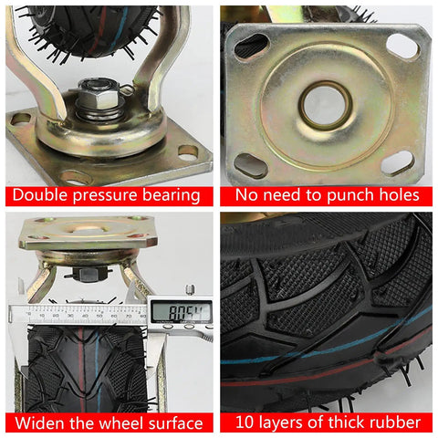 4 Pack Heavy Duty Rubber Caster Wheels Featuring Antislip Tires, showcasing double pressure bearing and 10 layers of thick rubber.