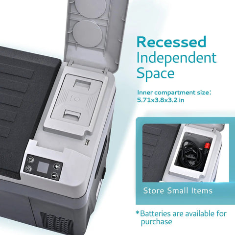 Portable 32 Quart 12 Volt Car Refrigerator And Electric Cooler Built Tough showing recessed independent space for small items.