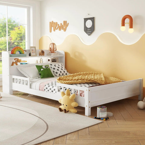 Solid Pine Wood Full Bed With Built In Bookcase Headboard LED Motion Sensor Night Light White Finish And Flexible Guardrails For Safe Sleep Perfect For Kids And Guest Rooms in a cozy bedroom scene with plush toys and wall decor.