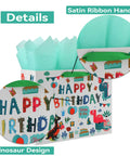 13 Inch White Gift Bag Set With Greeting Card And Tissue Paper, Green Dino Design, Happy Birthday Theme, Kids Party Supplies