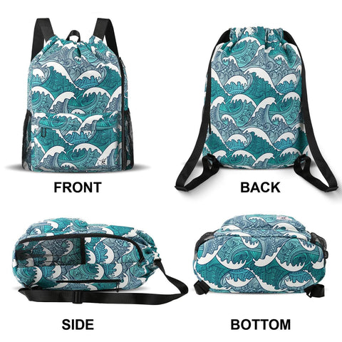 Drawstring Gym And Beach Backpack With Mesh Pockets, Water Resistant And Sandproof, Blue Waves pattern, front, back, side, bottom views