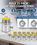 Solid As A Rock 3/4 Inch Emt Conduit Connectors 25 Pack Zinc Plated Set Screw Fittings with Insulated Throat on display.