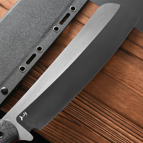 Close-up of Rugged Fixed Blade Knife With DC53 DLC Coated Nine Point Eight Four Inch Blade Carbon Fiber Handle beside sheath