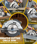 Front view of cordless 7-1/4-in circular saw with laser guide; cuts wood, PVC, plaster board; includes two blades.