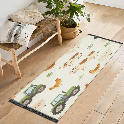 Farm Animals Cartoon Tractor Runner Rug 2x6 Non Slip Low Pile Machine Washable Hallway Rug For Entryway Kitchen Laundry Room Bathroom Cozy Soft Underfoot High Traffic Narrow Spaces on wooden floor