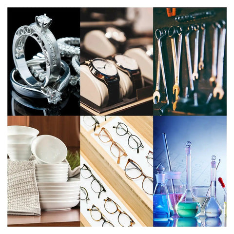 Jewelry, watches, glasses, and lab equipment showcased in various settings highlighting cleaning needs. Best Compact 2 Liters Ultrasonic Cleaner With Heater For Jewelry Glasses And Small Parts High Efficiency Four Zero KHz Deep Cleaning Powerhouse Perfect For Home Use and Keeping Gear Sparkling Clean Without The Hassle.
