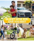 Bright yellow retractable garden hose reel with wall mount, used for watering plants, washing car, cleaning bike, and bathing dog