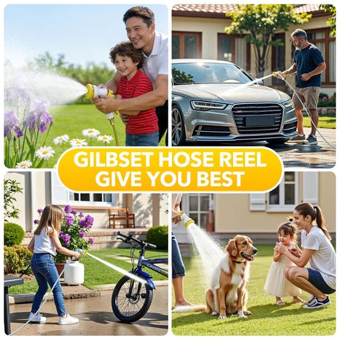 Bright yellow retractable garden hose reel with wall mount, used for watering plants, washing car, cleaning bike, and bathing dog