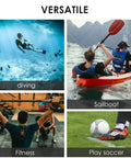 Collage showing activities: diving underwater, kayaking on a lake, weightlifting in a gym, and playing soccer on grass.