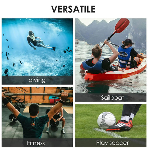 Collage showing activities: diving underwater, kayaking on a lake, weightlifting in a gym, and playing soccer on grass.