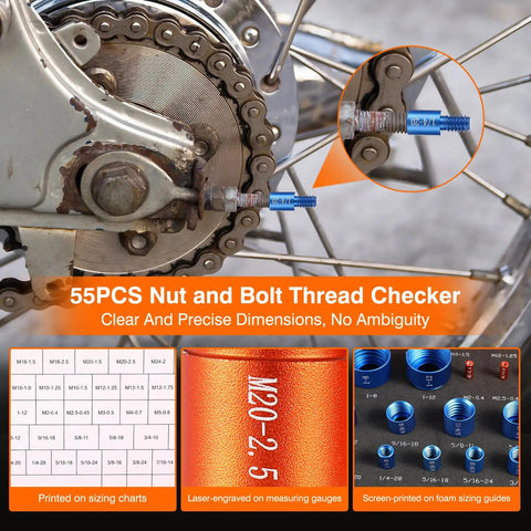 Close-up of 55 Piece Detachable Thread Checker Kit With 30 Standard And 25 Metric Gauges, Color Coded Orange And Blue