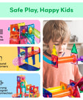 Child playing with Magnetic Marble Run Set With Building Tiles And Race Track Slides Three In One STEM Learning Toy For Indoor Fun Kids Age Three Plus 108 Piece Construction Kit
