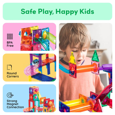 Child playing with Magnetic Marble Run Set With Building Tiles And Race Track Slides Three In One STEM Learning Toy For Indoor Fun Kids Age Three Plus 108 Piece Construction Kit
